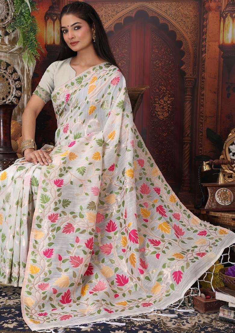 White Printed Blended Saree Set - Indya