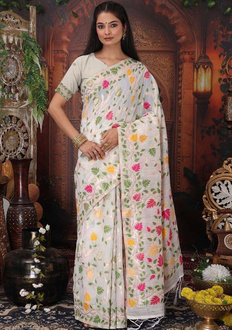 White Printed Blended Saree Set - Indya