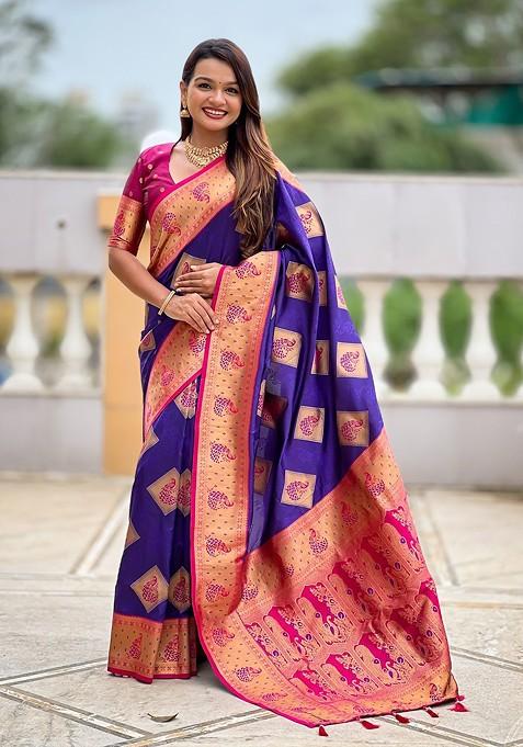Violet Embroidered Blended Saree Set — view on Indya