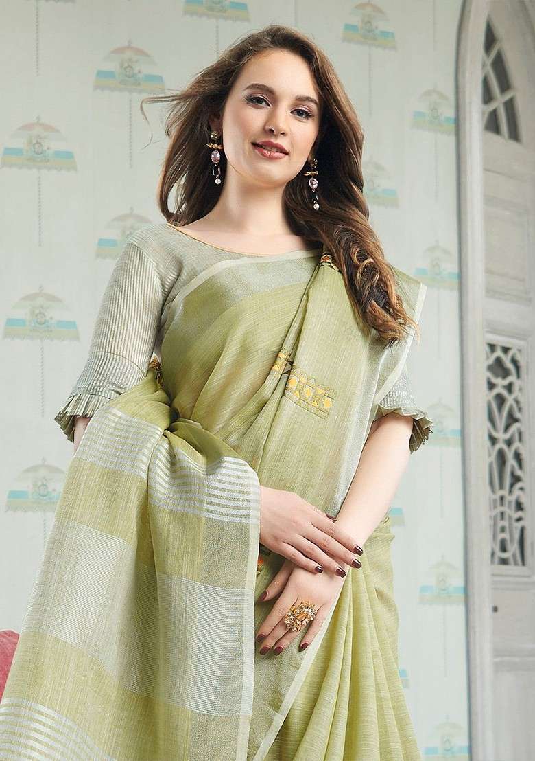 Olive Blended Saree Set with Embroidered for Diwali | Wedding & Festive Wear - Indya