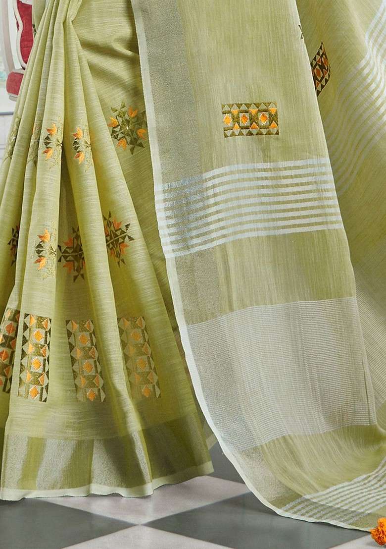 Olive Blended Saree Set with Embroidered for Diwali | Wedding & Festive Wear - Indya
