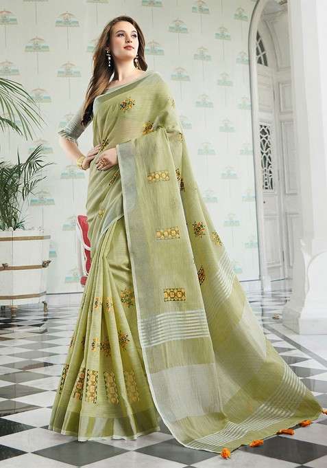 Olive Blended Saree Set with Embroidered for Diwali | Wedding & Festive Wear