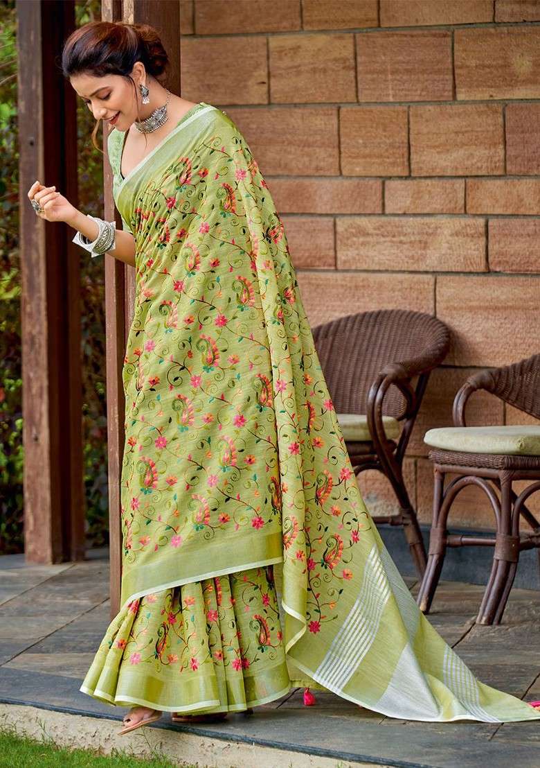 Olive Printed Blended Saree Set - Indya