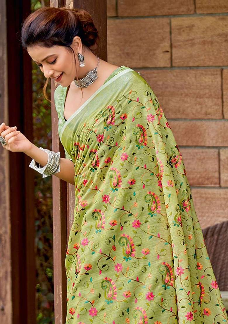 Olive Printed Blended Saree Set - Indya