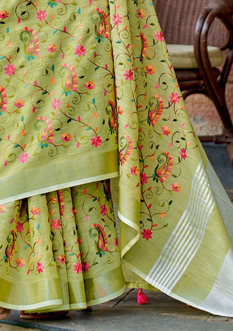 Olive Printed Blended Saree Set - Indya