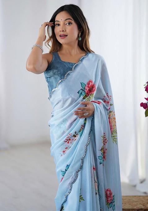 Turquoise Blue Printed Blended Saree Set — view on Indya