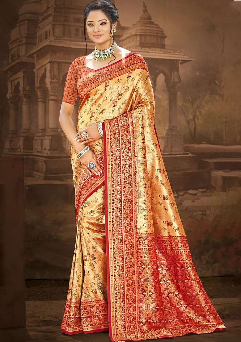 Cream Embroidered Blended Saree Set for Diwali and Festive Wear - Indya