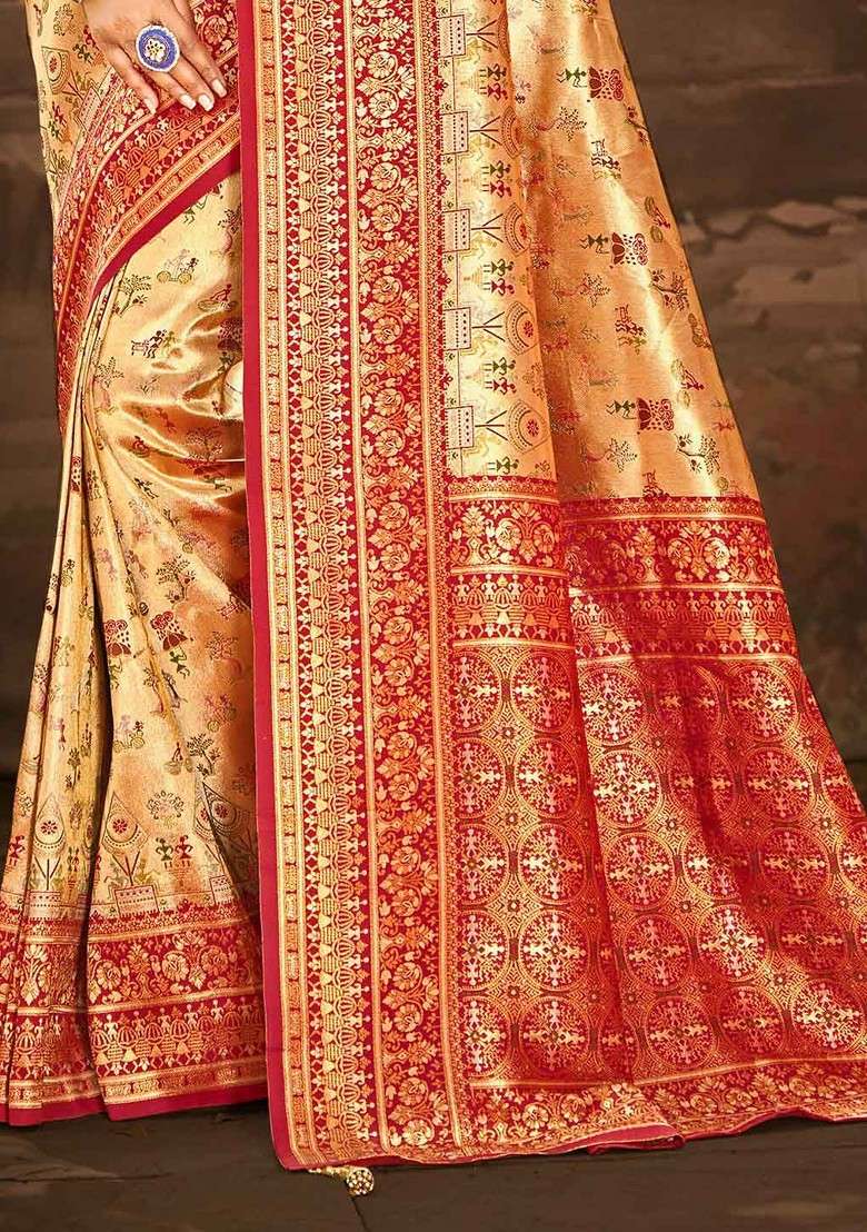 Cream Embroidered Blended Saree Set for Diwali and Festive Wear - Indya