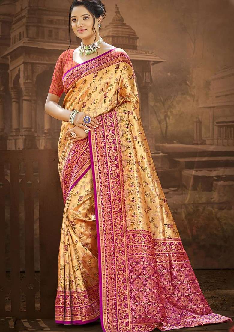 Gold Embroidered Blended Saree Set for Diwali and Festive Wear - Indya