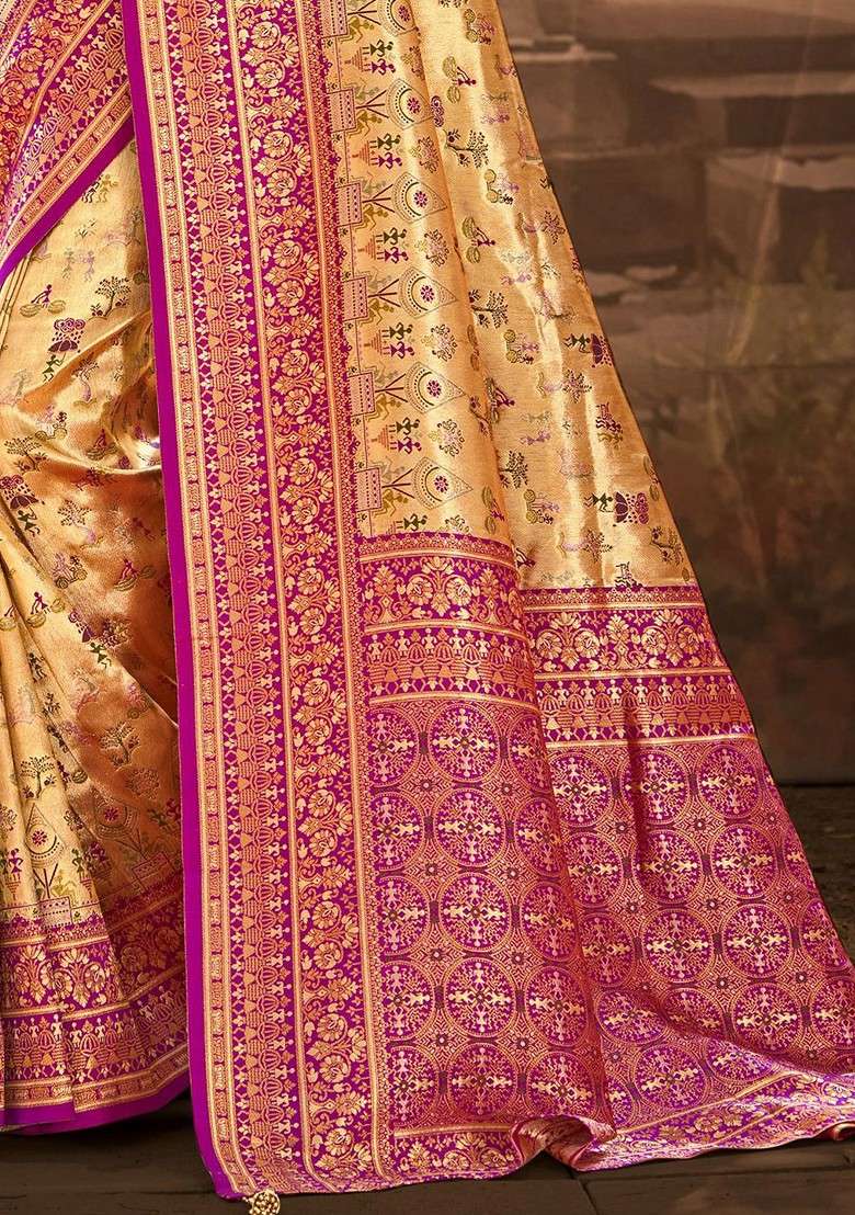 Gold Embroidered Blended Saree Set for Diwali and Festive Wear - Indya