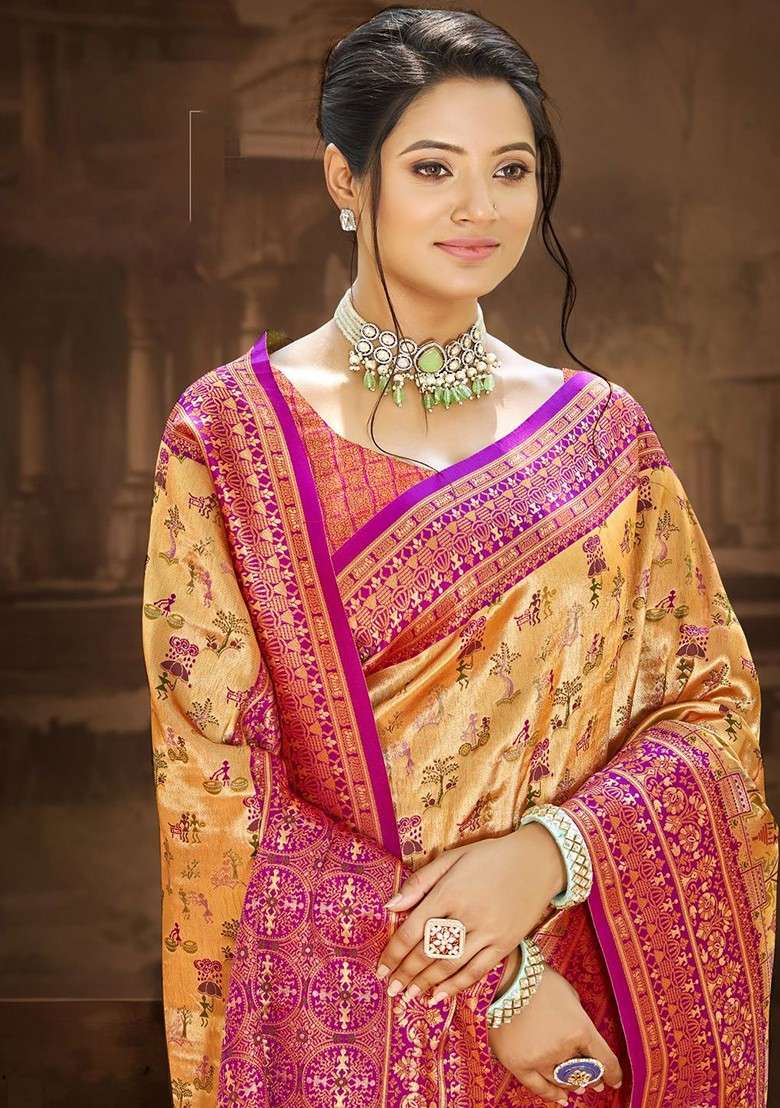 Gold Embroidered Blended Saree Set for Diwali and Festive Wear - Indya