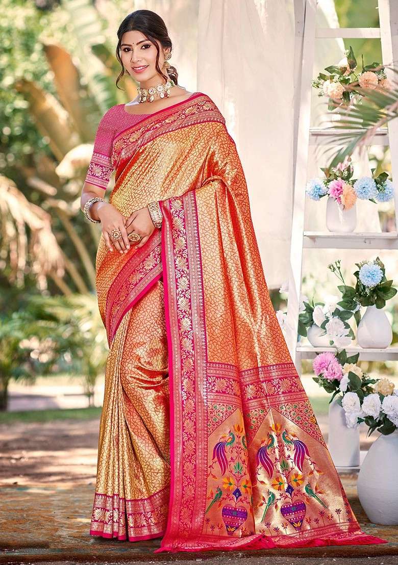 Orange Blended Saree Set with Printed for Diwali | Wedding & Festive Wear - Indya