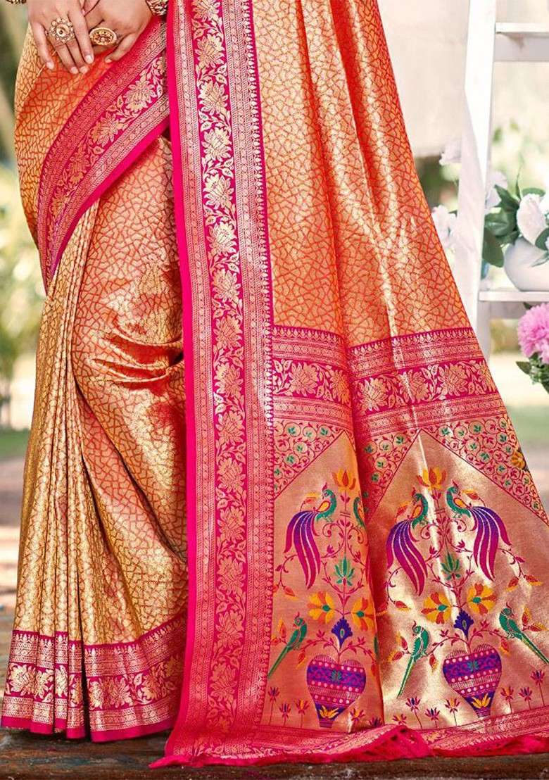 Orange Blended Saree Set with Printed for Diwali | Wedding & Festive Wear - Indya
