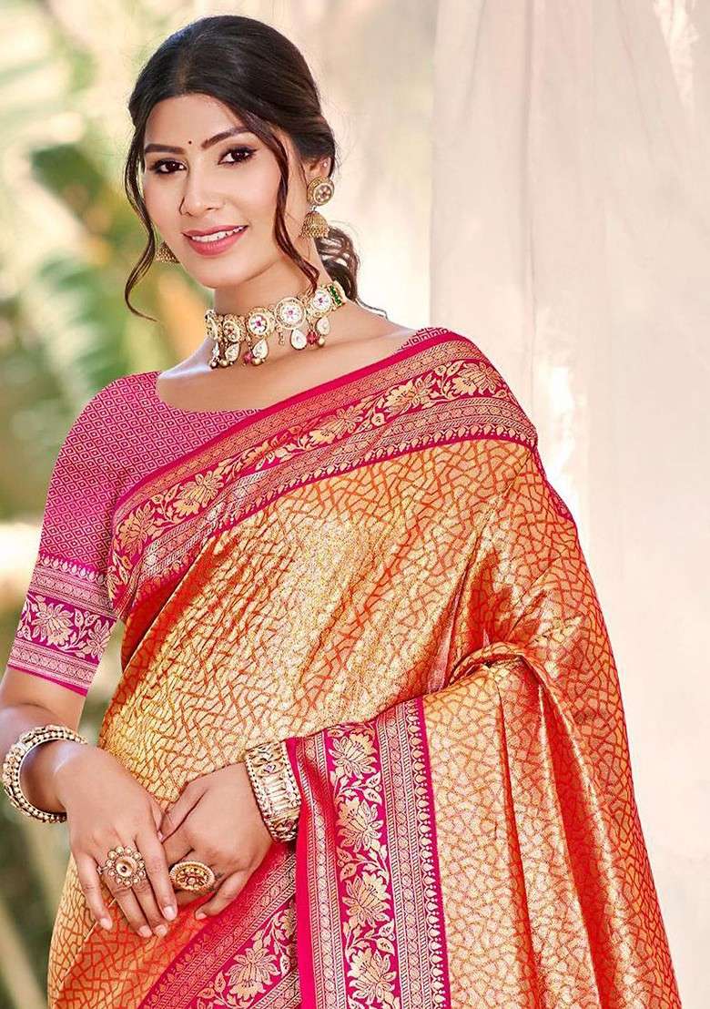 Orange Blended Saree Set with Printed for Diwali | Wedding & Festive Wear - Indya