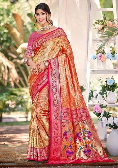 Orange Blended Saree Set with Printed for Diwali | Wedding & Festive Wear
