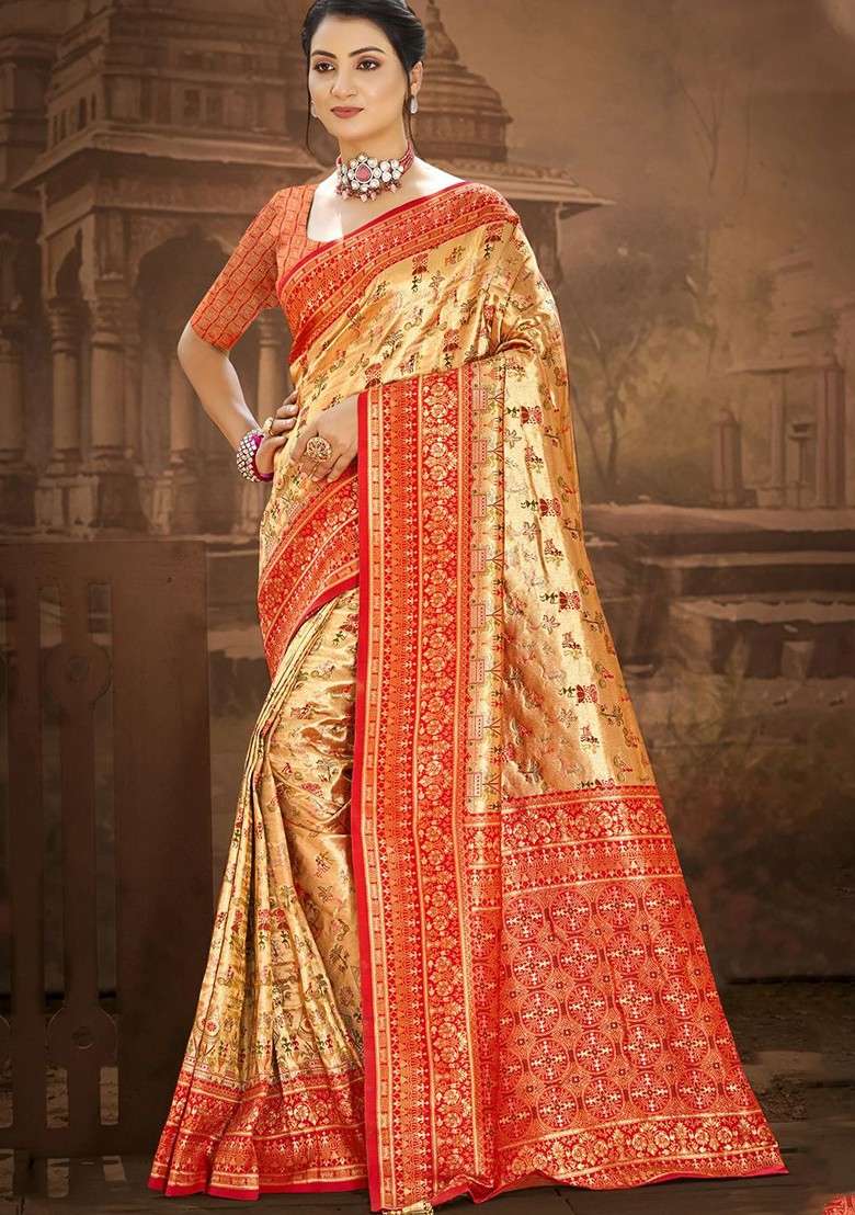 Gold Blended Saree Set with Embroidered for Diwali | Wedding & Festive Wear - Indya