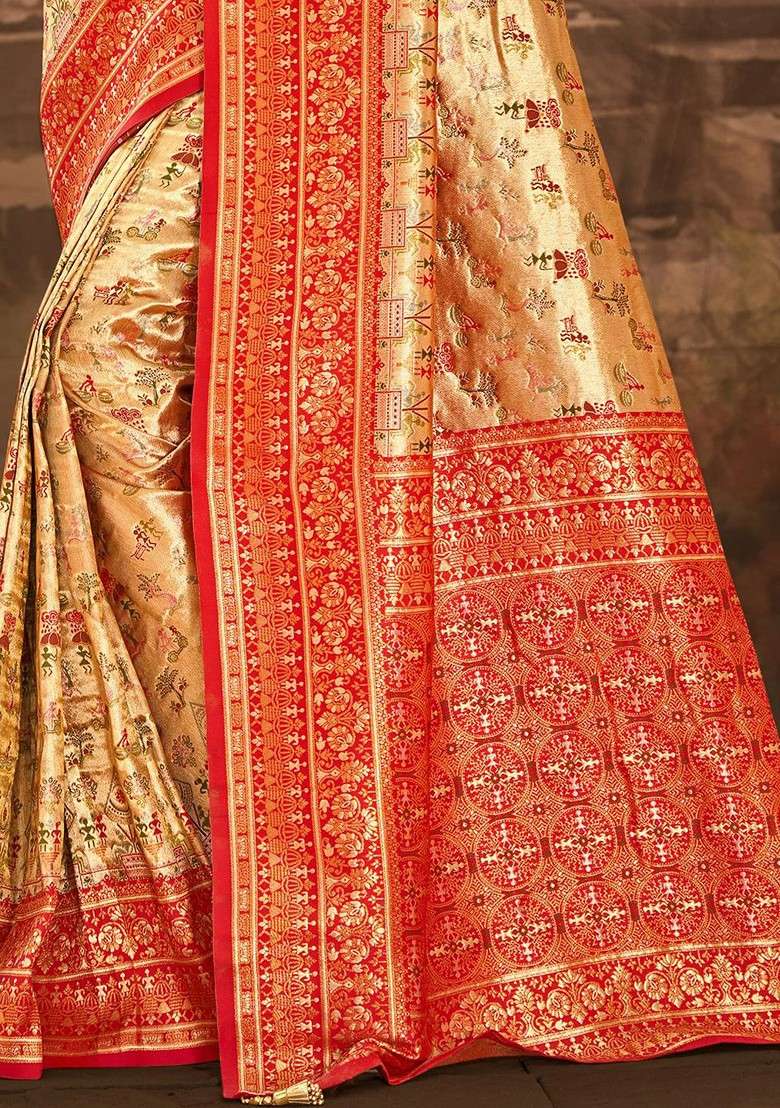 Gold Blended Saree Set with Embroidered for Diwali | Wedding & Festive Wear - Indya