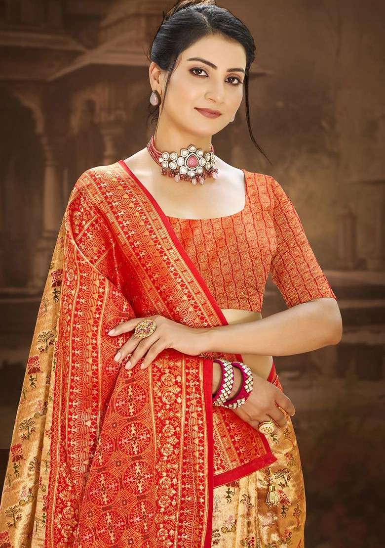 Gold Blended Saree Set with Embroidered for Diwali | Wedding & Festive Wear - Indya