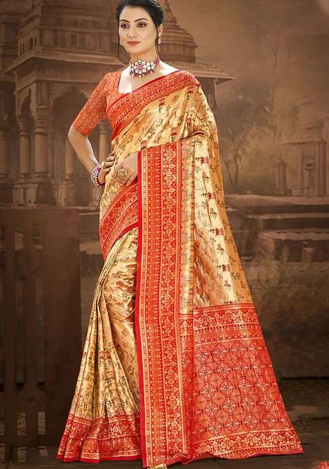Gold Blended Saree Set with Embroidered for Diwali | Wedding & Festive Wear