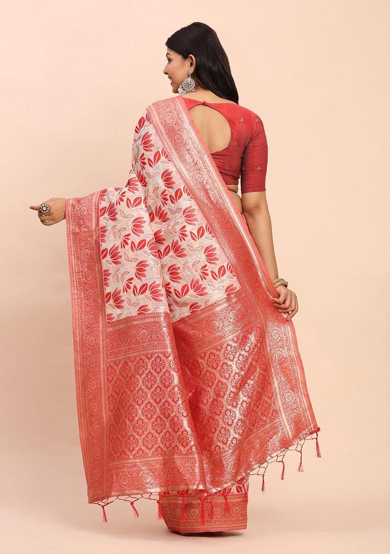 Red Printed Blended Saree Set