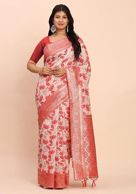 Red Printed Blended Saree Set