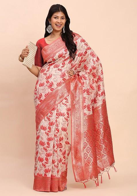 Red Printed Blended Saree Set