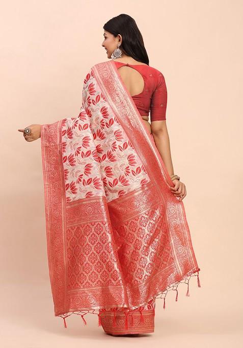 Red Printed Blended Saree Set