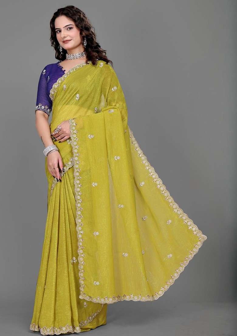 Olive Embellished Blended Saree Set for Diwali and Festive Wear - Indya