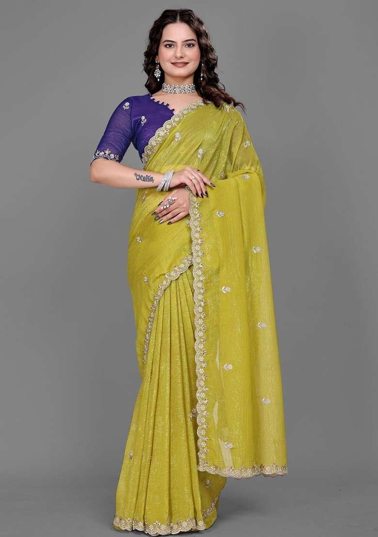 Olive Embellished Blended Saree Set for Diwali and Festive Wear - Indya