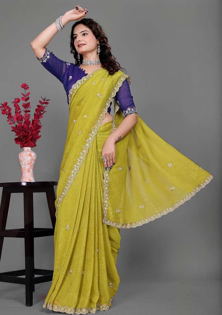 Olive Embellished Blended Saree Set for Diwali and Festive Wear - Indya