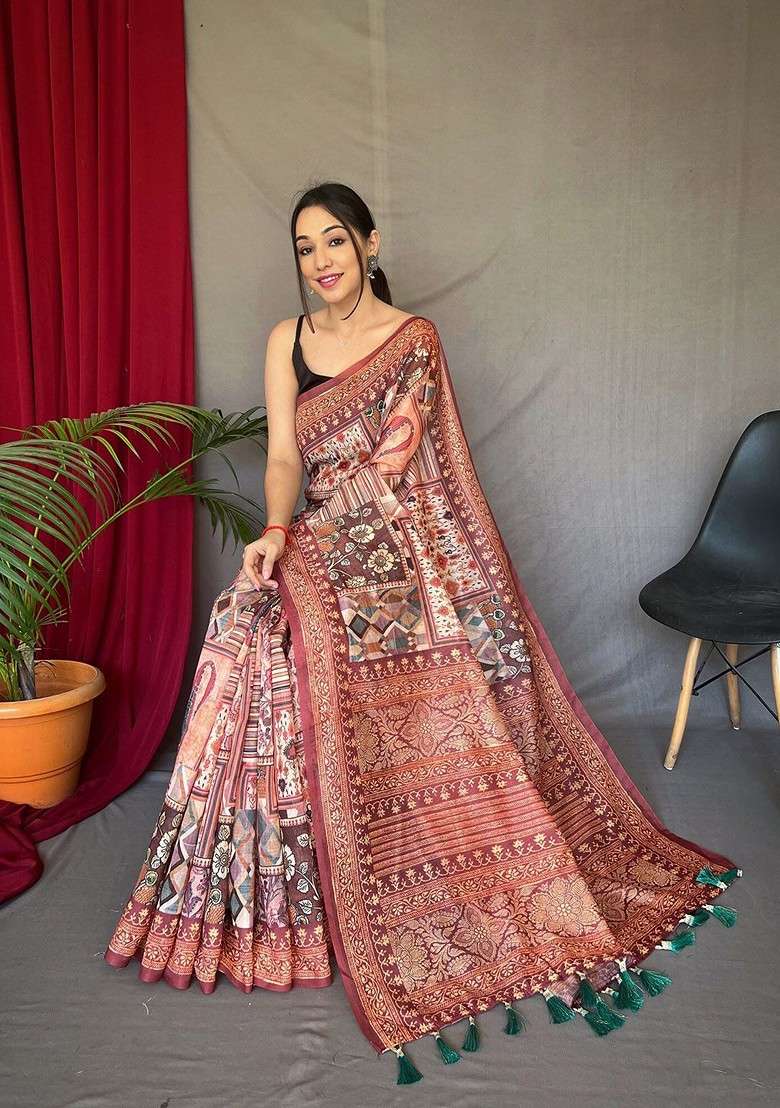 Brown Printed Blended Saree Set for Diwali and Festive Wear - Indya