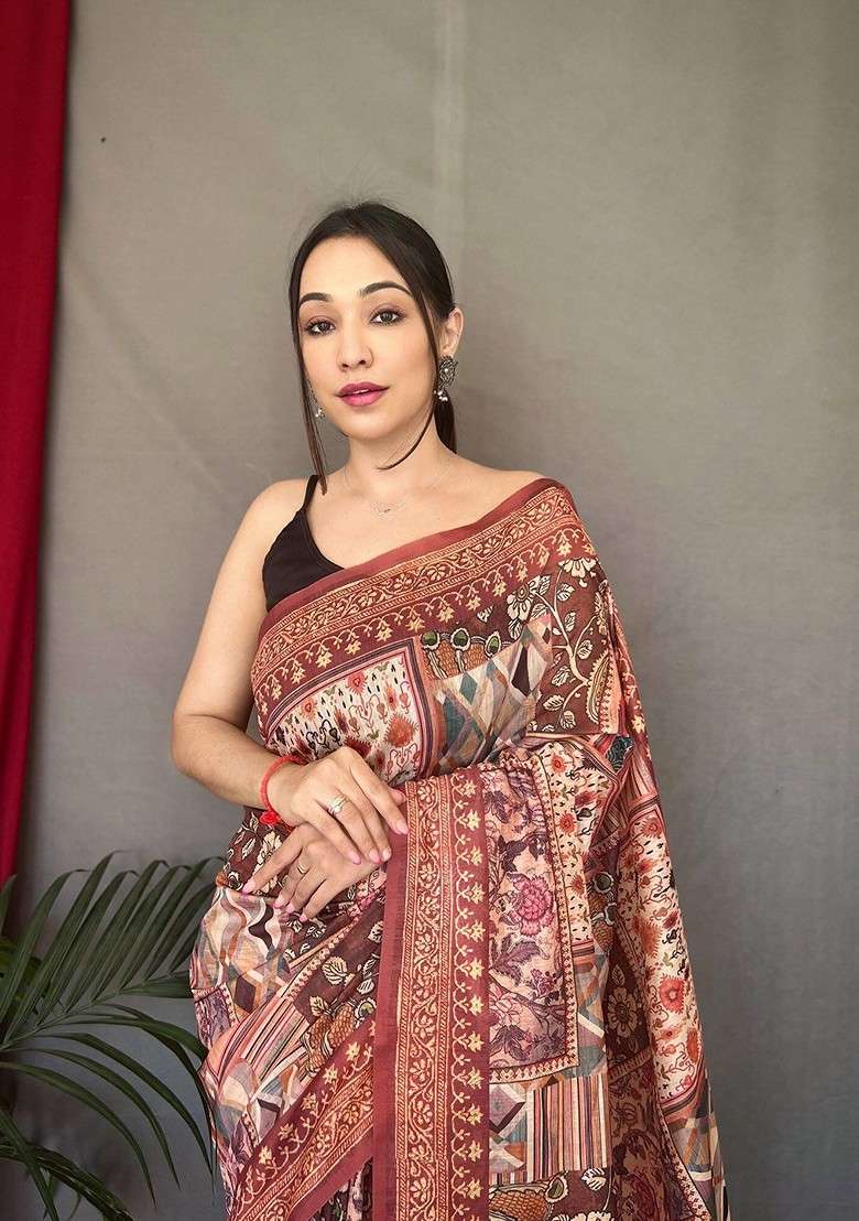 Brown Printed Blended Saree Set for Diwali and Festive Wear - Indya