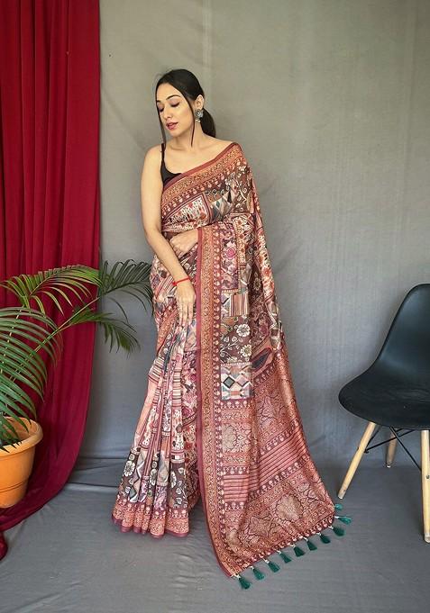 Brown Printed Blended Saree Set