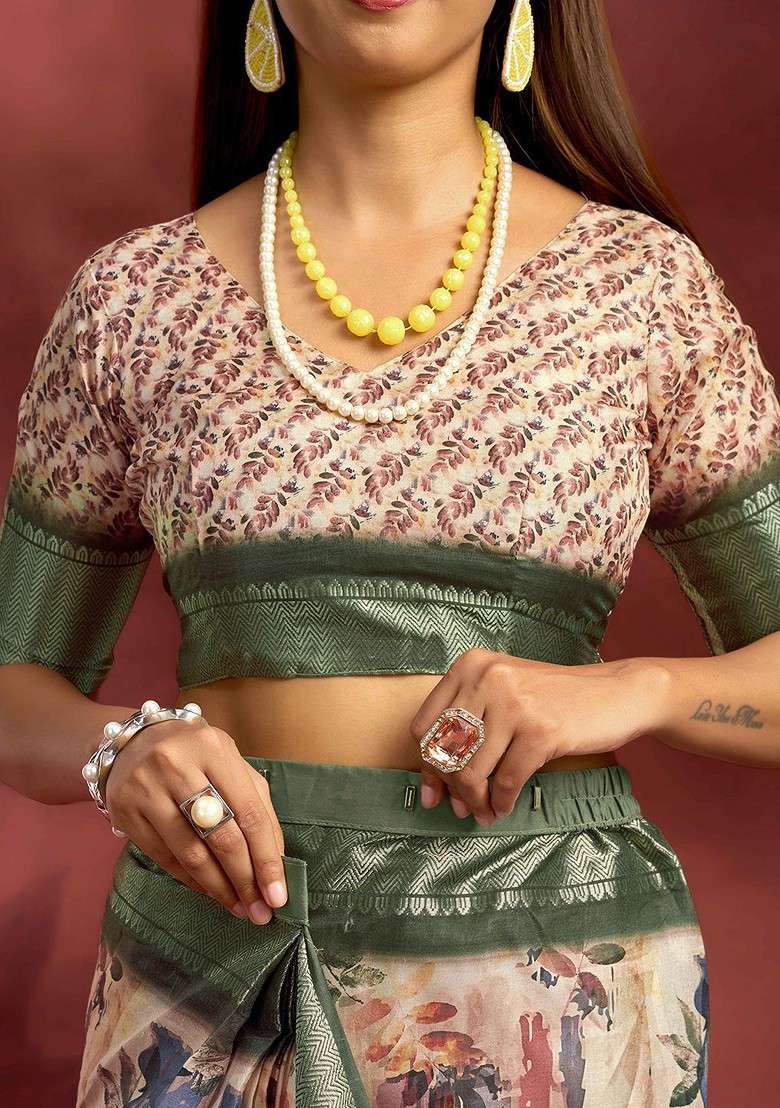 Cream Printed Blended Saree Set for Diwali and Festive Wear - Indya