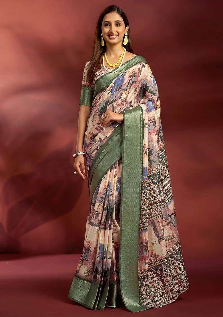 Cream Printed Blended Saree Set for Diwali and Festive Wear - Indya