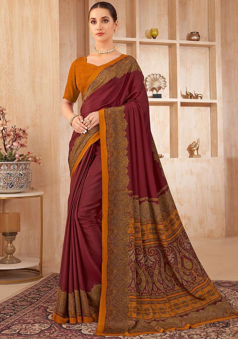 Maroon Printed Blended Saree Set - Indya