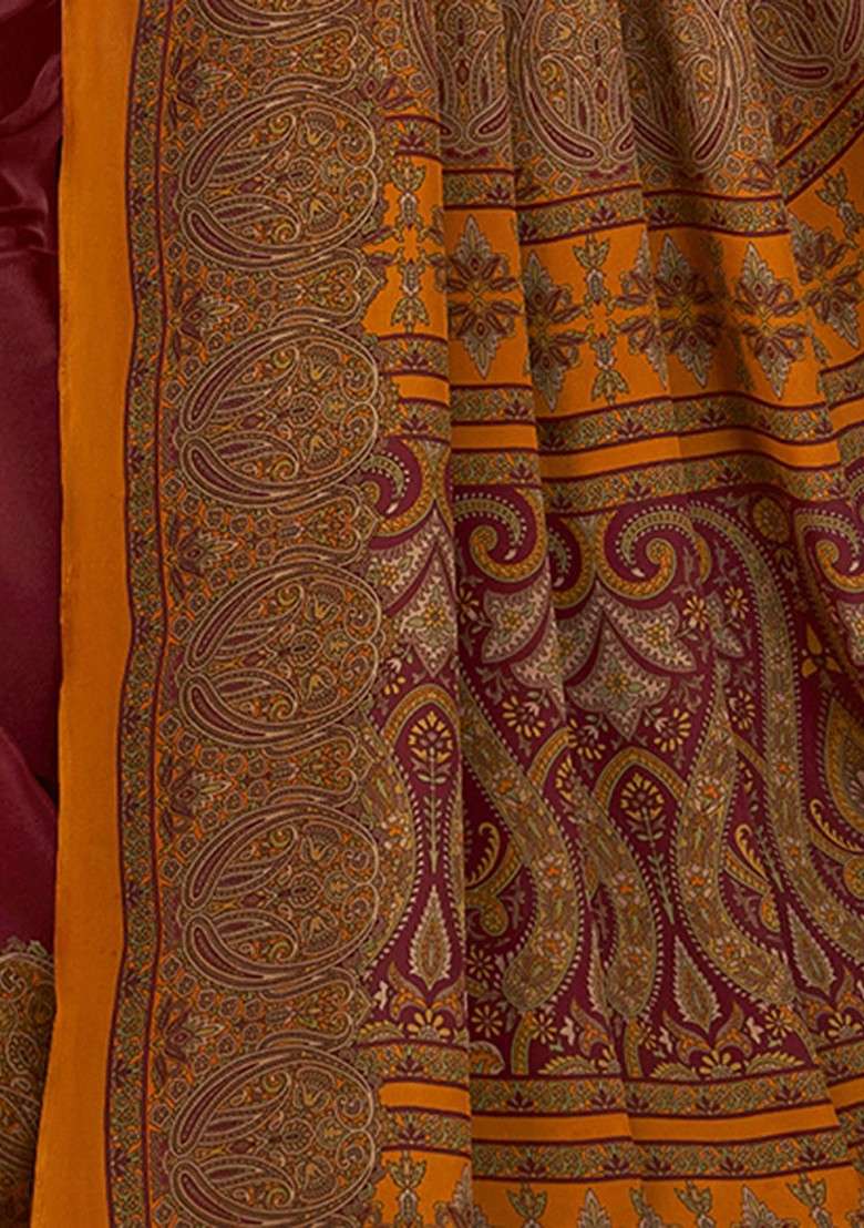 Maroon Printed Blended Saree Set - Indya