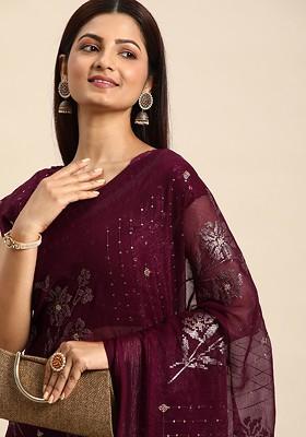 Maroon Printed Blended Saree Set