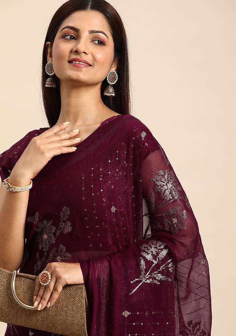 Maroon Printed Blended Saree Set - Indya