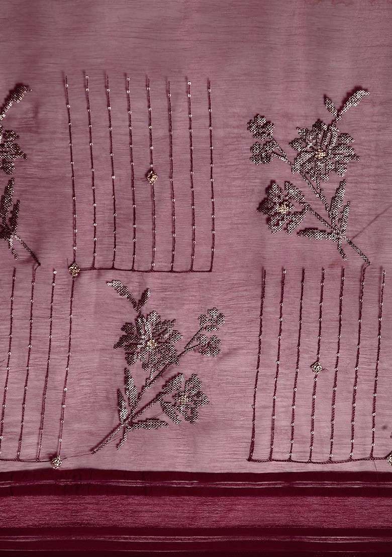 Maroon Printed Blended Saree Set - Indya