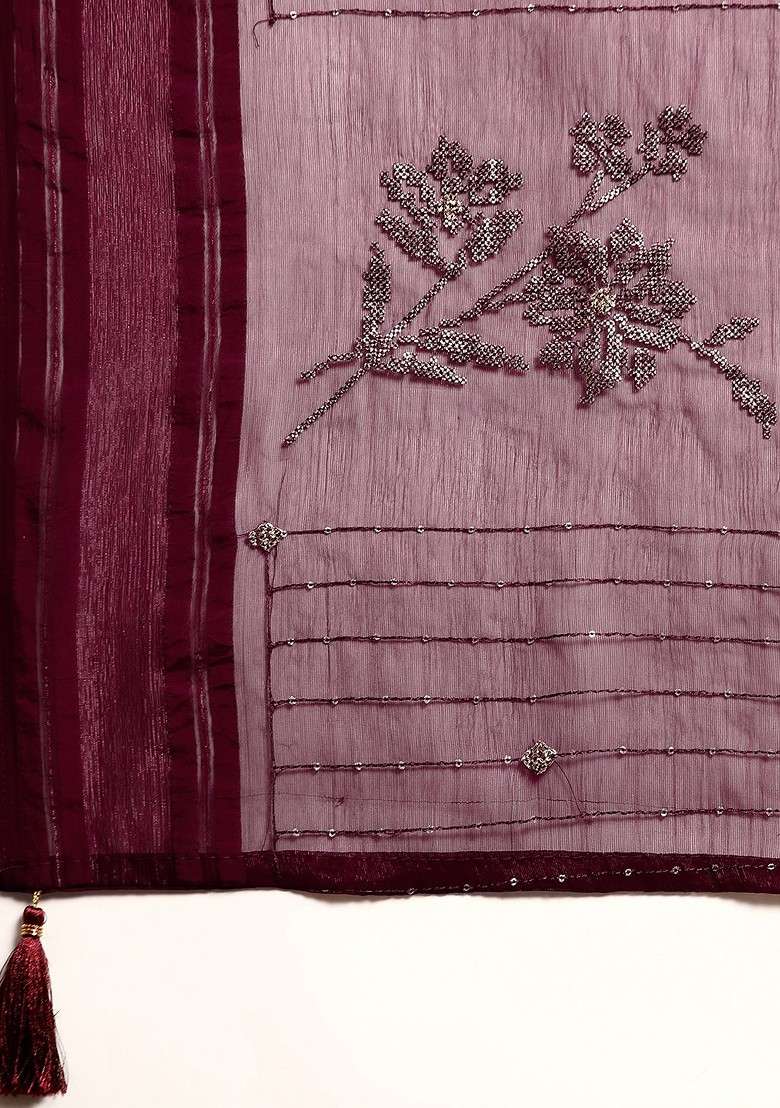 Maroon Printed Blended Saree Set - Indya
