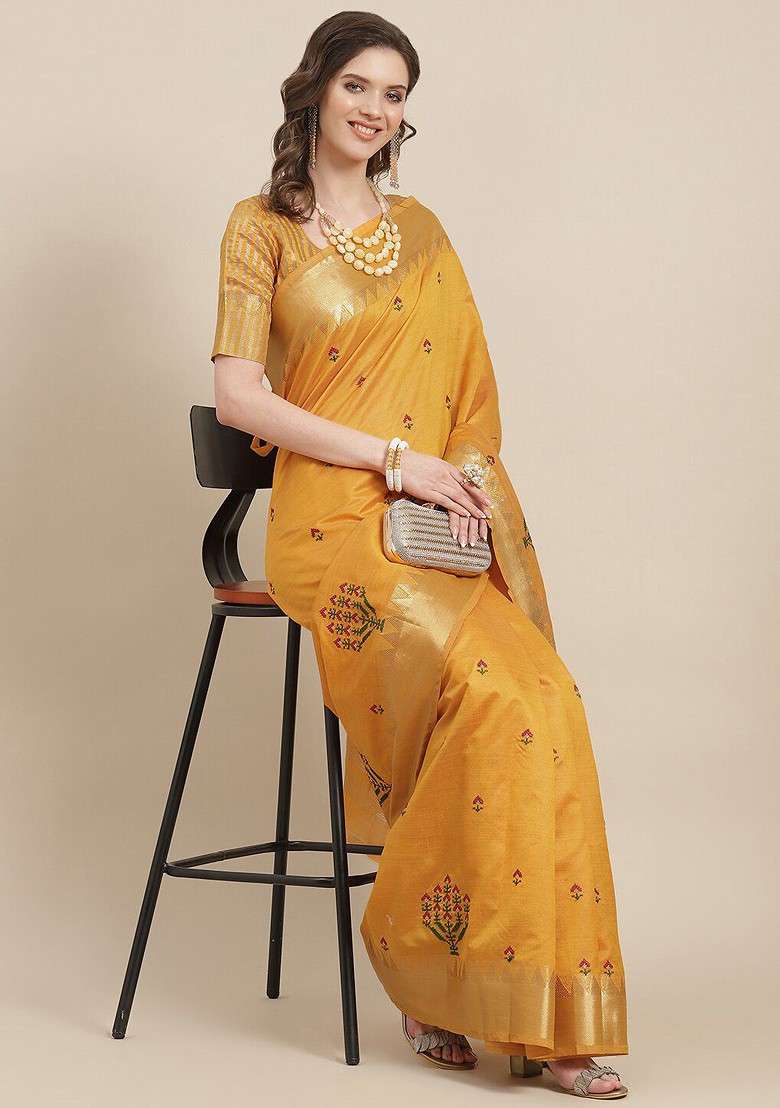 Yellow Blended Jacquard Saree Set for Diwali | Wedding & Festive Wear - Indya