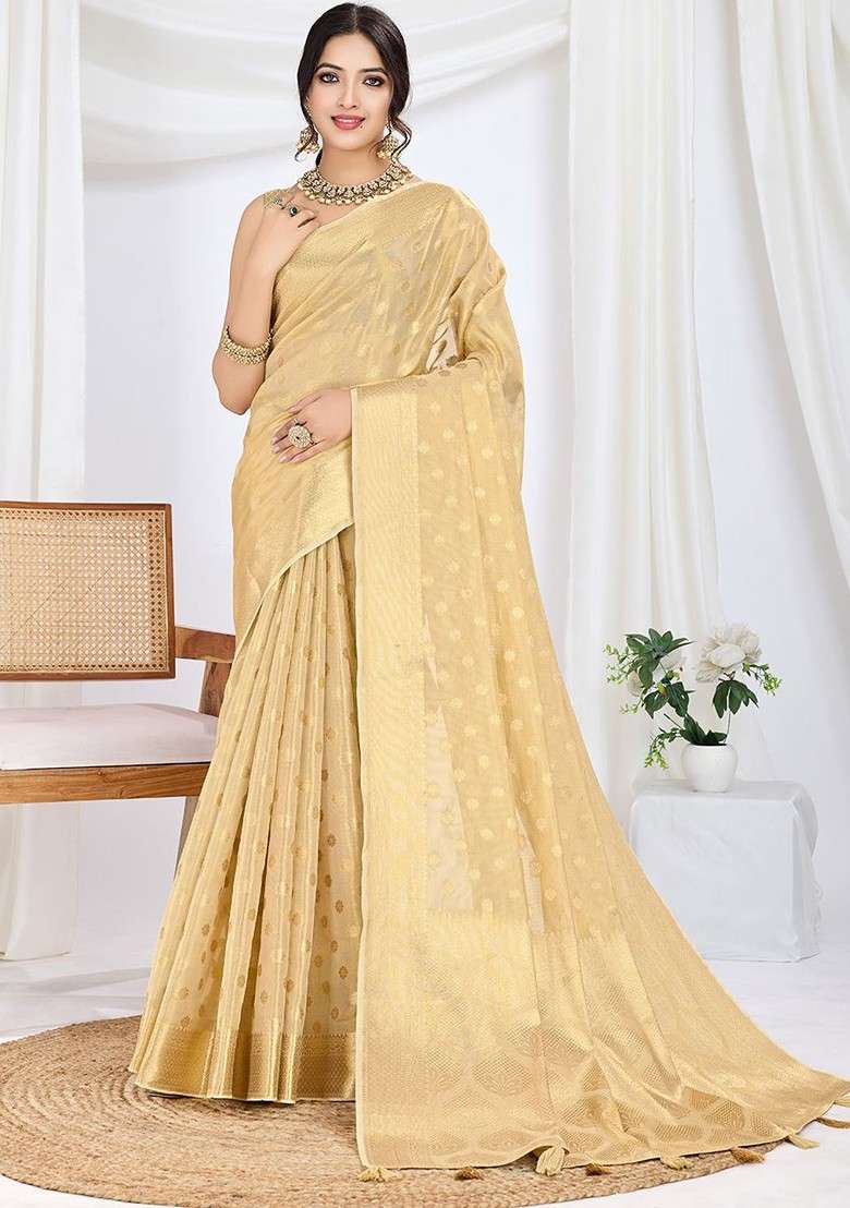 Gold Embroidered Blended Saree Set - Indya