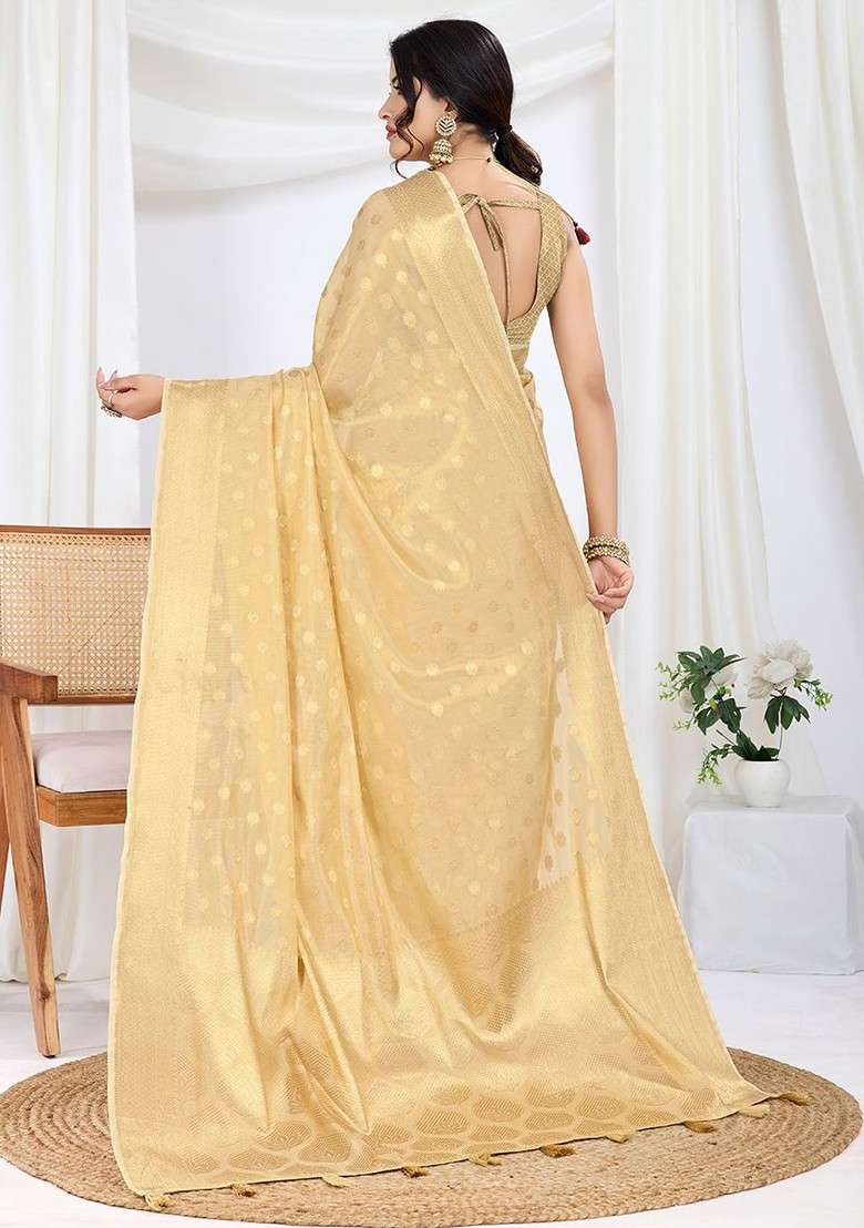 Gold Embroidered Blended Saree Set - Indya