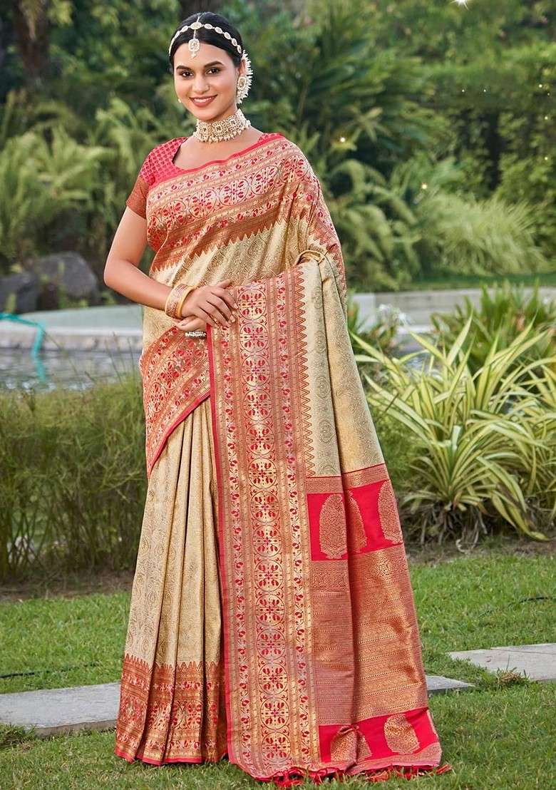 Cream Blended Saree Set with Embroidered for Diwali | Wedding & Festive Wear - Indya