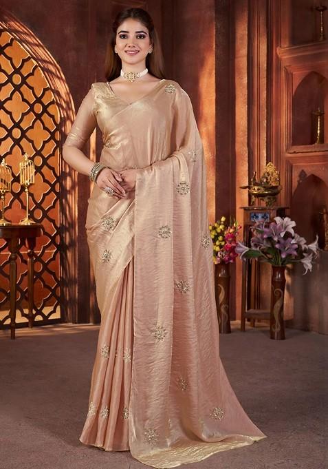 Cream Embellished Blended Saree Set — view on Indya