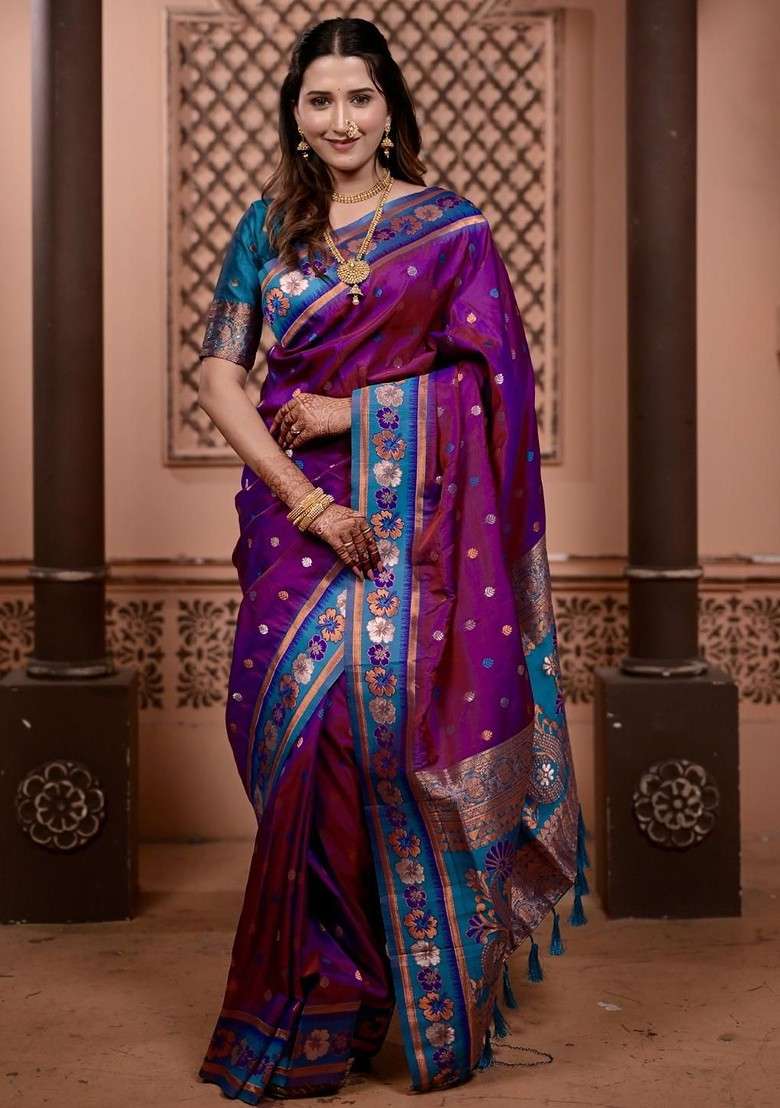 Purple Blended Saree Set with Printed for Diwali | Wedding & Festive Wear - Indya