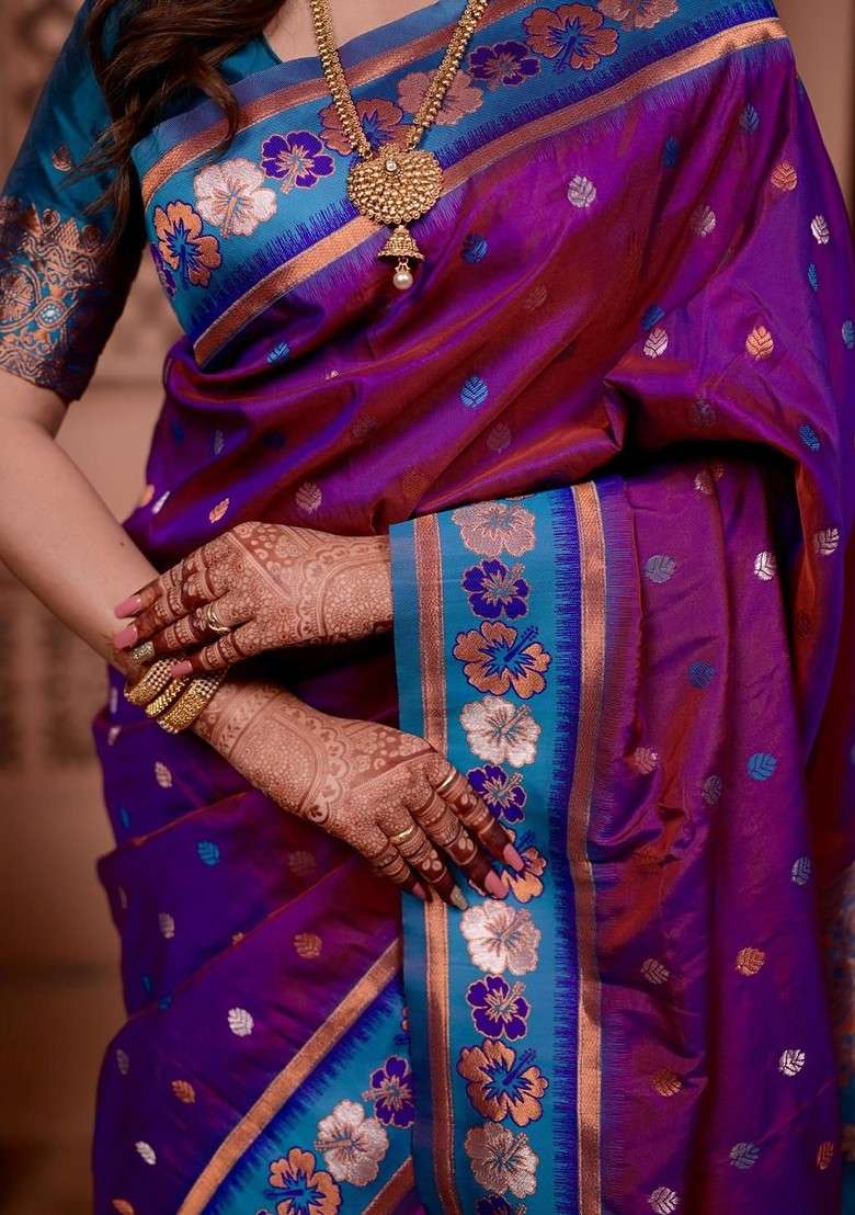 Purple Blended Saree Set with Printed for Diwali | Wedding & Festive Wear - Indya