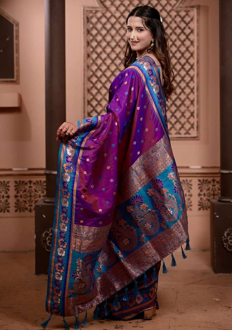 Purple Blended Saree Set with Printed for Diwali | Wedding & Festive Wear - Indya