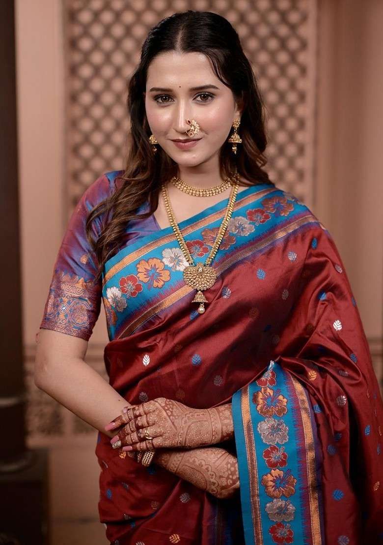 Maroon Printed Blended Saree Set for Diwali and Festive Wear - Indya